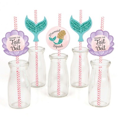 Big Dot of Happiness Trading The Tail for A Veil - Paper Straw Decor - Mermaid Bachelorette Party Bridal Shower Striped Decorative Straws - Set of 24