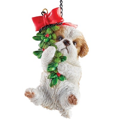 Hand-Painted Shih Tzu Resin Holiday Ornament with Garland