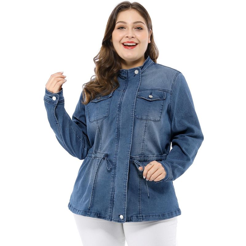 Agnes Orinda Women's Plus Size Outerwear Zip Closure Drawstring Denim Jacket, 3 of 8