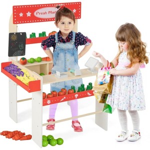 Costway Grocery Store Marketplace Toy Wooden Market Stand Pretend Play Set with 36 Fruit Veggies Pieces - 1 of 4