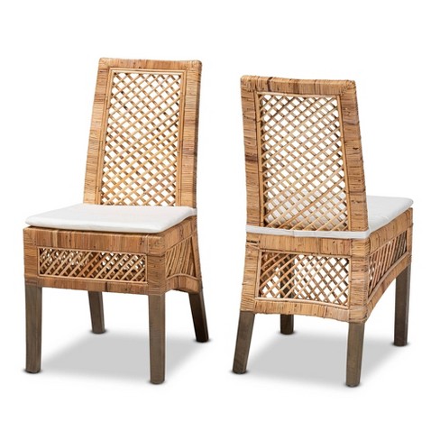 Boho Chic Bamboo Rattan Side Chair With Circular Brown Seat Cushion