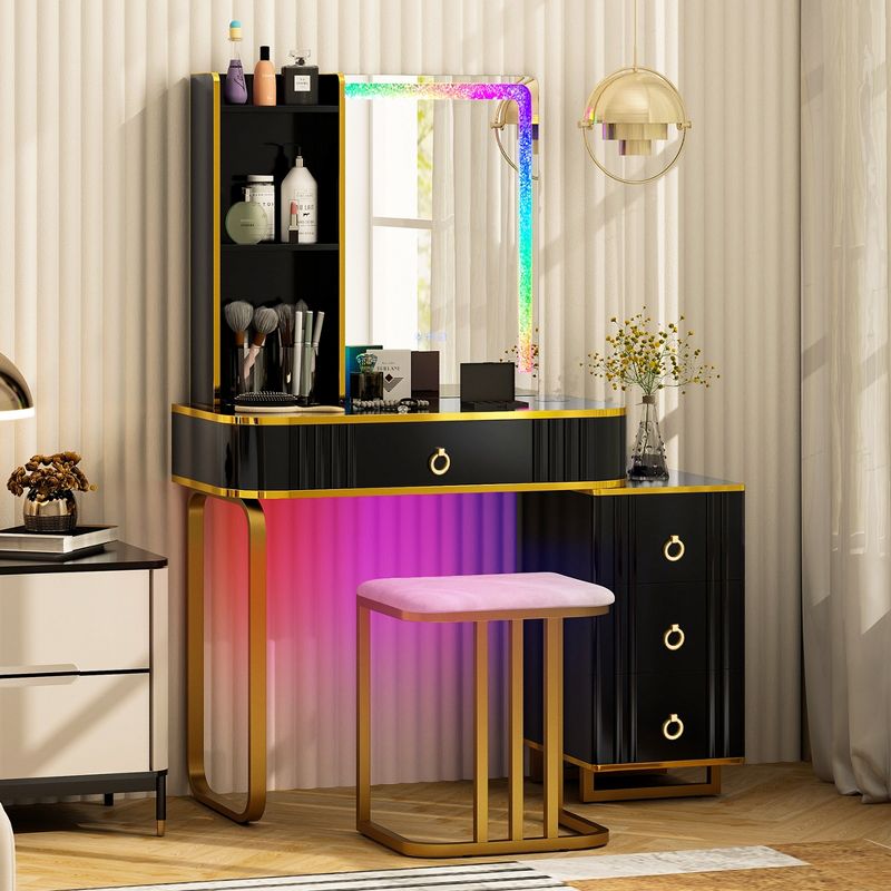 Costway Vanity Table Set with RGB LED Lights Crystal Crush Diamond Mirror Drawers Black/White, 5 of 11