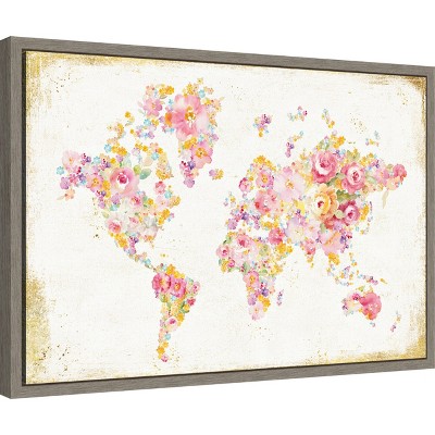 Floral World Map Canvas Print with Gray Polystyrene Frame