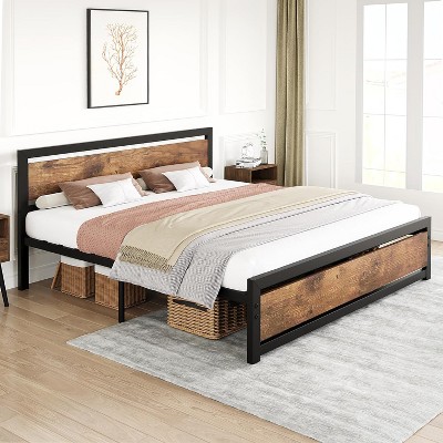 Bed Frame, Industrial Full Bed Platform Frame with Heavy Duty Steel Slat, No Box Spring Needed Easy to Assemble, Rustic Brown