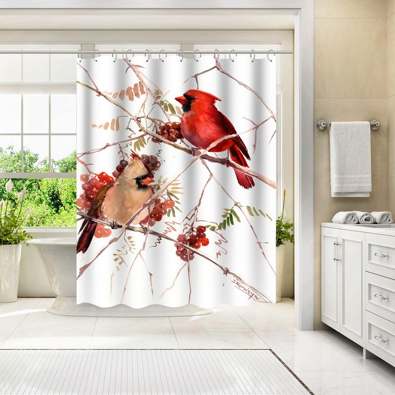 Americanflat 71" x 74" Shower Curtain, Caridnal Birds by Suren Nersisyan, 4 of 9
