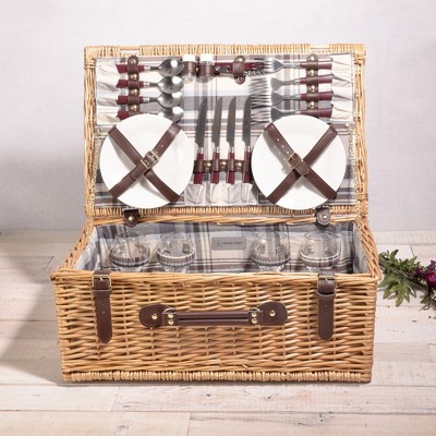 Newbury Wicker Picnic Basket with Navy and Burgundy Plaid Interior