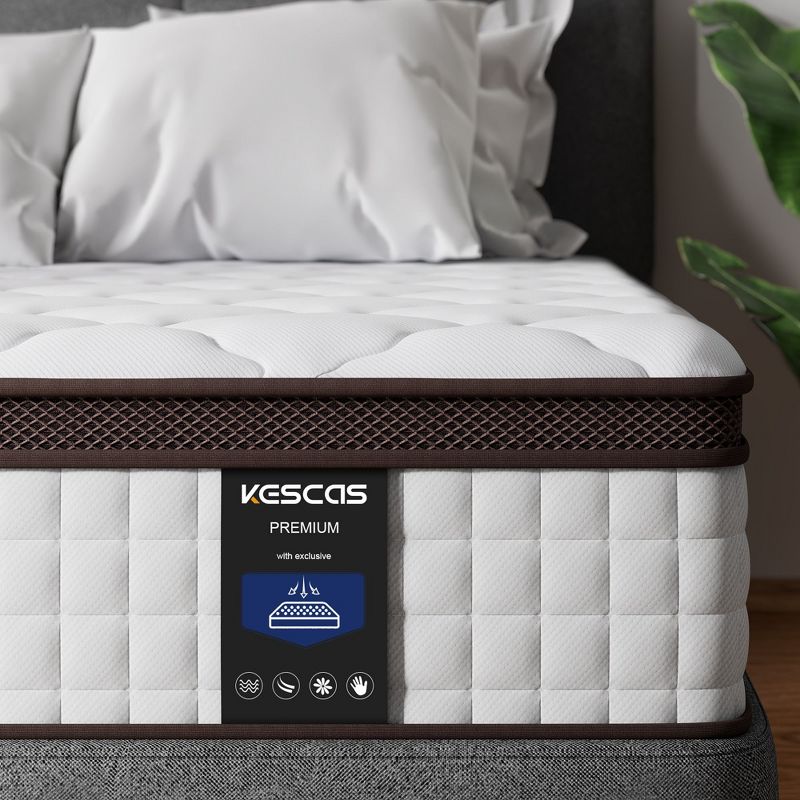 Kescas Euro Top 12" Individually Pocket Innerspring Hybrid Mattress Ergonomic Design for Pressure Relief, Medium Firm Feel Queen Size, 1 of 11