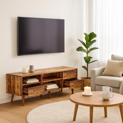 Homy Casa Mid Century TV Stand with Storage Drawers and Open Shelves for Living Room
