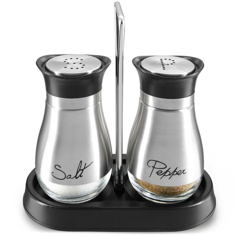 Juvale 2 Pack Salt and Pepper Shakers Refillable Dispenser with Stand, Stainless Steel with Glass Bottom, Silver, 4 Oz, 1 of 11