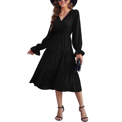 Women's Casual Wrap V Neck Midi Dress Long Sleeve Smocked Waist Tiered A Line Pleated Flowy Long Dress