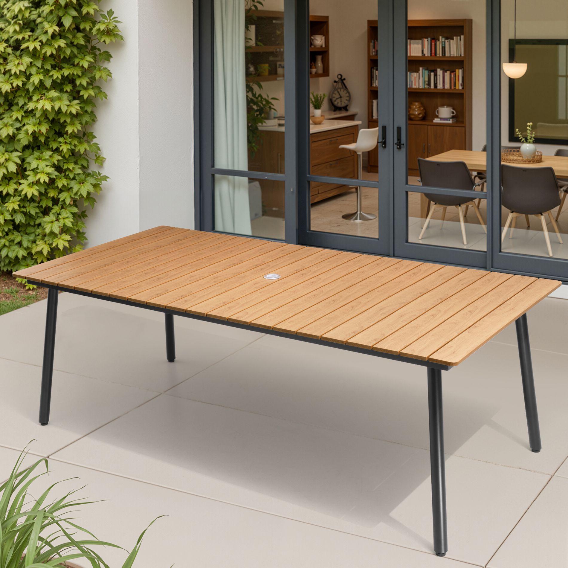 Pellebant 82.7-Inch Outdoor Rectangular Dining Table 6-8 People Aluminum Frame Wood-Look Top Umbrella Hole Brown