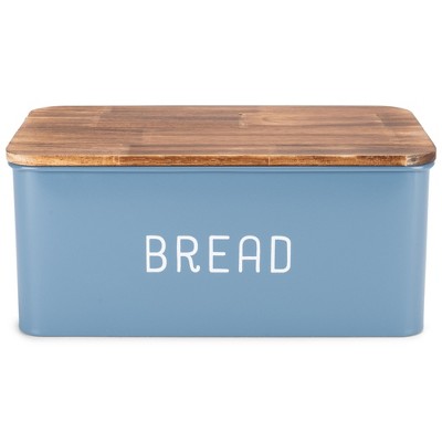 Nat & Jules Matte Blue 12 x 7 Metal Enamel Rubber Wood Lidded Bread Box