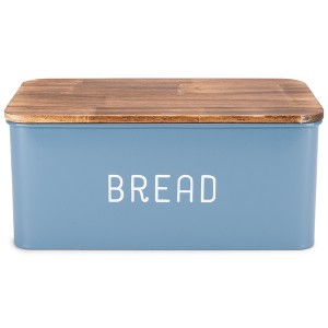 Nat & Jules Matte Blue 12 x 7 Metal Enamel Rubber Wood Lidded Bread Box - 1 of 4
