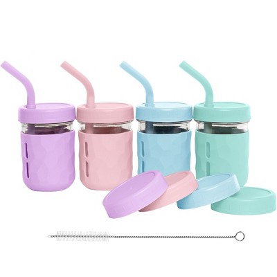 WeeSprout Glass Cups with Lids & Straws, Spill-Resistant Cups for Toddlers & Kids, Set of 4