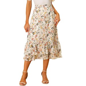INSPIRE CHIC Women's Chiffon Elastic Waist Ruffle Tiered Flowy Midi Floral Printed Skirts - 1 of 4