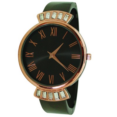 Olivia Pratt Elegant Emerald Rhinestone Solid Metal Bangle Watch