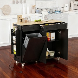 Rolling Kitchen Island Cart with Power Outlet,Kitchen Island with 2 Drawers & Drop Leaf & Trash Can Storage, Mobile Island Table with Spice Rack - 1 of 4
