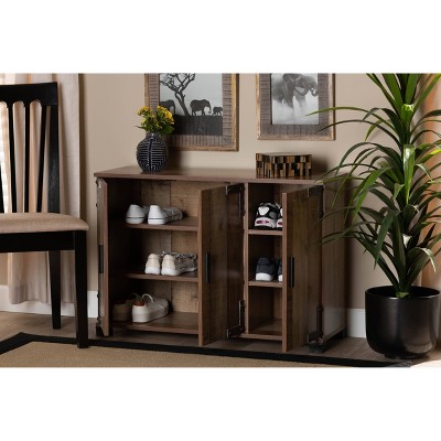 Rustic Brown Wood 3-Door Shoe Cabinet with Metal Accents