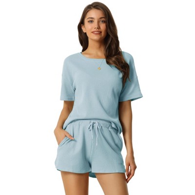 cheibear Women's Casual Pullover Short Sleeve Sleepshirt with Shorts Waffle Pajama Sets