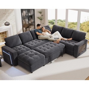 Vipbear 7-seater U-shaped sofa, Modular sofa bed, with pull-out bed, reclining backrest, storage cabinet, tool-free assembly, snow velvet - 1 of 4