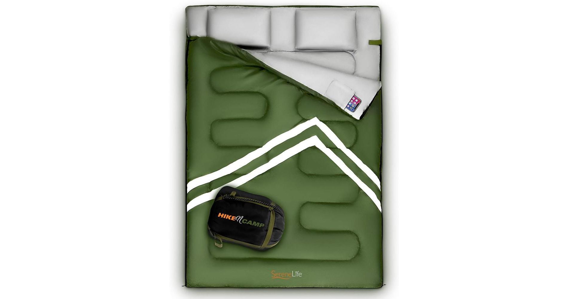 SereneLife Double Sleeping Bag with Two Pillows - Lightweight & Waterproof Sleeping Bag for Adults or Teens.