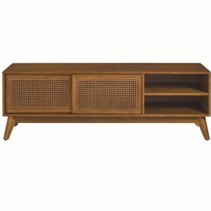 TiramisuBest 59" Mid-Century Modern Rattan TV Stand for 65" TV, Solid Wood Feet Media Console with Rattan Cabinet Doors, Light Wood - 1 of 4