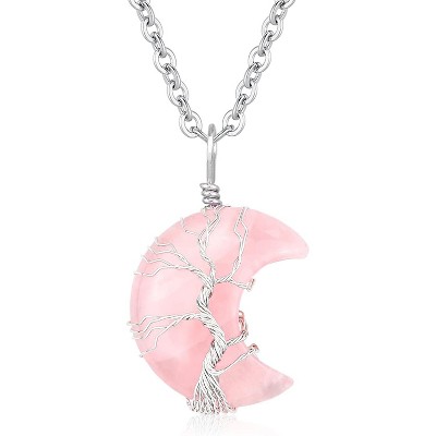 Crescent Moon & Tree of Life Necklace, Wire Wrapped Crystal Gemstone Jewelry for Women