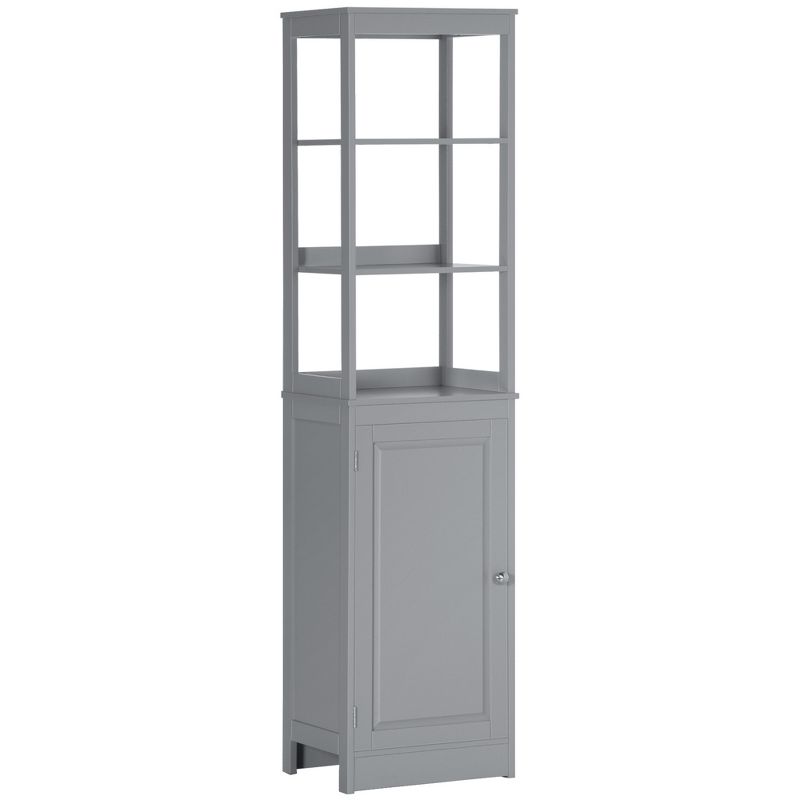 kleankin Tall Bathroom Storage Cabinet, Freestanding Linen Tower with 3-Tier Open Shelf and Cupboard, Slim Floor Organizer, 1 of 9