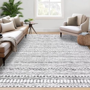 Washable Boho Geometric Rug for Living Room, Office, Bedroom, Low Pile Soft Non-Slip Floor Carpet Neutral - 1 of 4