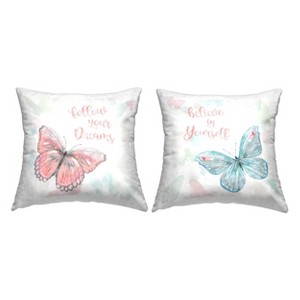 1pc 18"x18" Stupell Industries Pastel Uplifting Phrases Butterflies Square Kids' Throw Pillow Pink - 1 of 4
