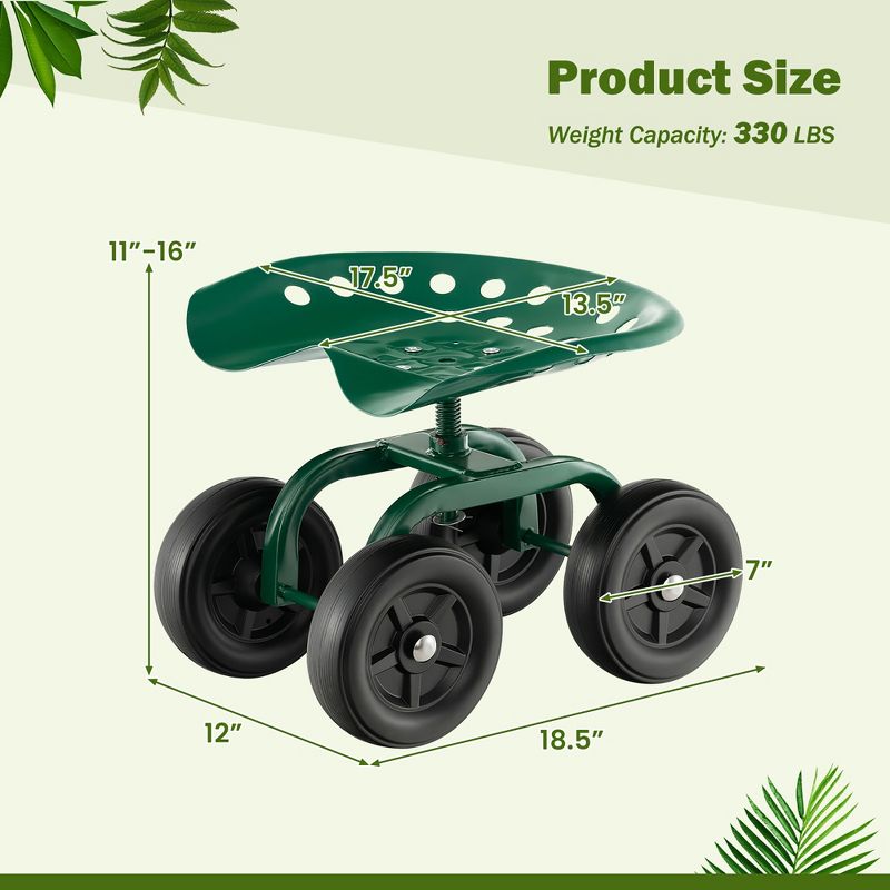 Costway Rolling Garden Cart Heavy Duty Workseat with 360° Swivel Seat & Adjustable Height, 3 of 11