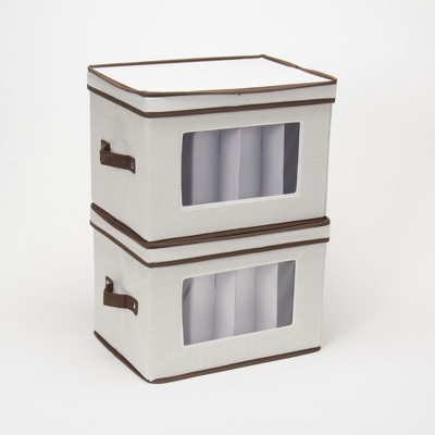 Gray Fabric Collapsible Lidded Storage Bin with Trim