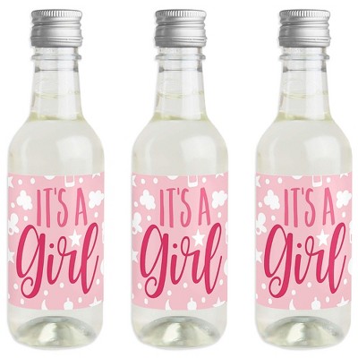 Big Dot of Happiness It's a Girl - Mini Wine and Champagne Bottle Label Stickers - Pink Baby Shower Favor Gift for Women and Men - Set of 16