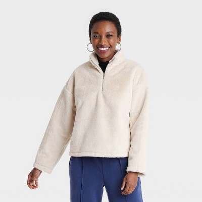 Women's Faux Fur Quarter Zip Sweatshirt - A New Day™ White Xl