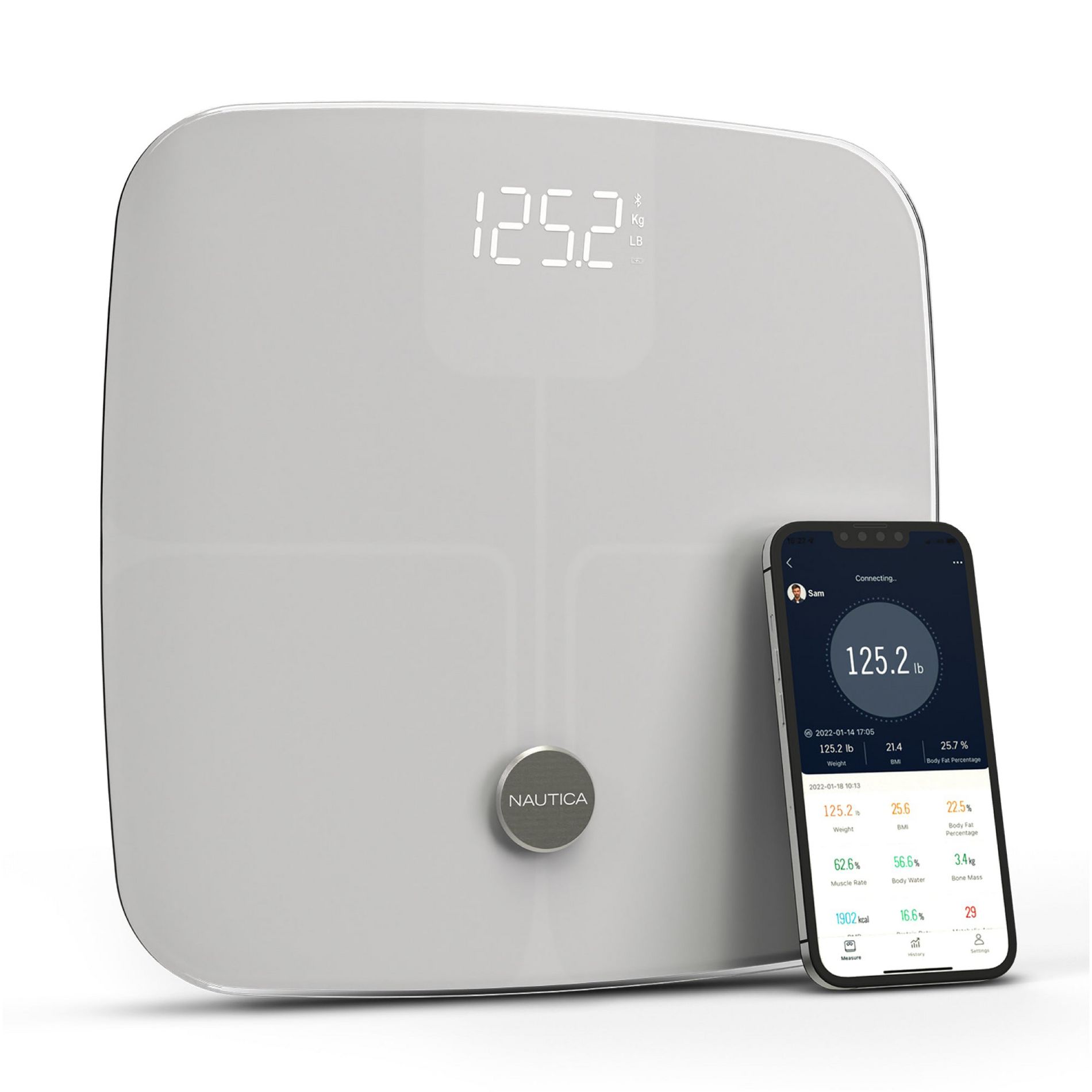 Nautica Body Tracker Digital Bathroom Scale, Bluetooth-Enabled Smart Scale with BMI, Body Fat, Muscle Mass Tracking, Syncs with Smartphone App, 440Lbs