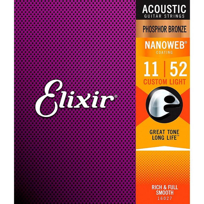 Elixir Phosphor Bronze Acoustic Guitar Strings With NANOWEB Coating, Custom Light (.011-.052), 1 of 4