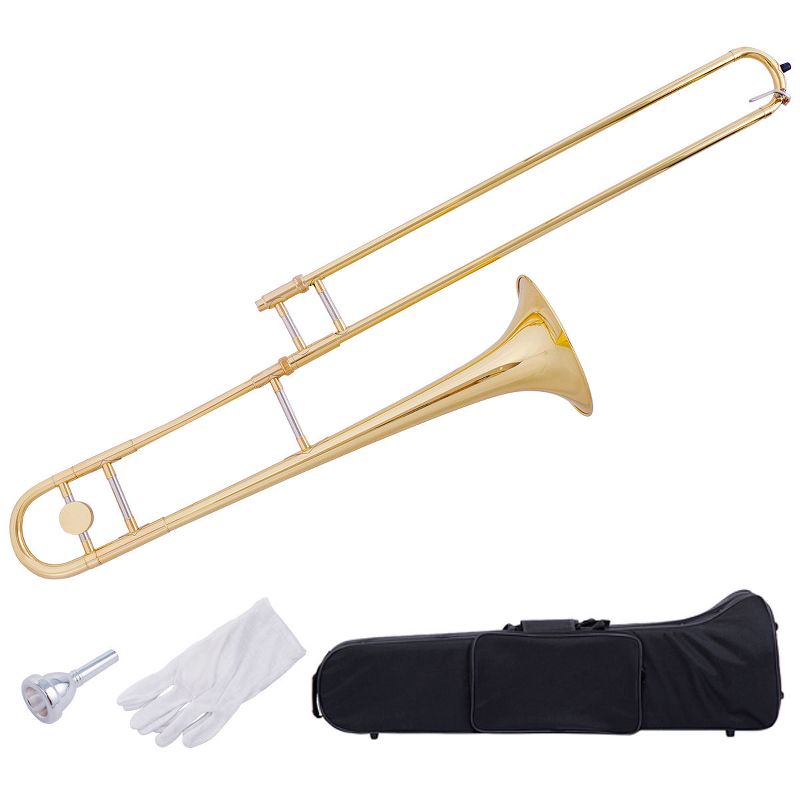 Costway B Flat Trombone Gold Brass with Mouthpiece Case Gloves for Beginners Students, 2 of 9