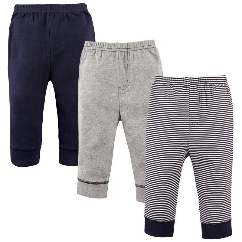 Luvable Friends Baby and Toddler Boy Cotton Pants 3pk, Stripe Navy Gray, 1 of 3
