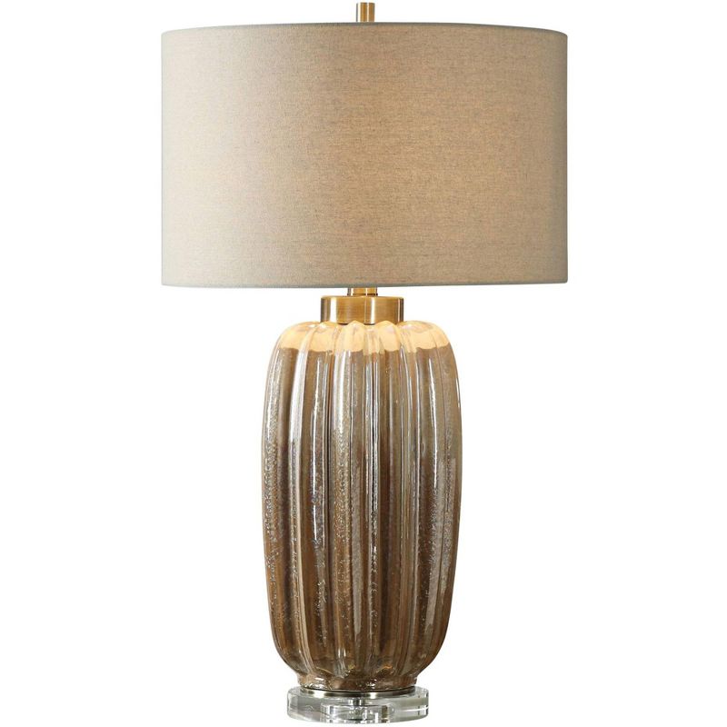 Uttermost Mid Century Modern Table Lamp 29 3/4" Tall Pearlescent Ivory Rust Brown Linen Fabric Drum Shade for Bedroom Living Room, 1 of 3