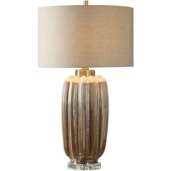 Uttermost Mid Century Modern Table Lamp 29 3/4" Tall Pearlescent Ivory Rust Brown Linen Fabric Drum Shade for Bedroom Living Room
