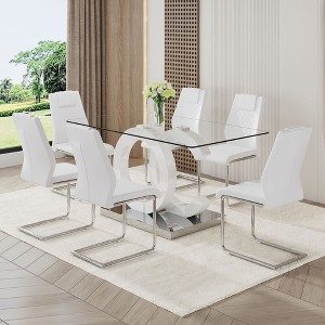 NicBex 63" Dining Table Set for 6 Rectangular Transprant Tempered Glass Dining Table with White MDF OC Bracket with 6 Chairs - 1 of 4