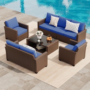 5 Pieces Patio Furniture Sets,Outdoor Sectional Sofa Wicker Conversation Couch for Coffee Table, Rattan Outdoor Furniture Backyards, Gardens - 1 of 4