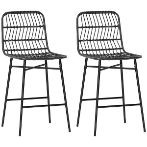 HOMCOM Rattan Counter Height Bar Stools Set of 2, 26" Wicker Barstools with Back, Bar Chairs for Kitchen Island, Kitchen Counter, Dining Room, Black - 1 of 4