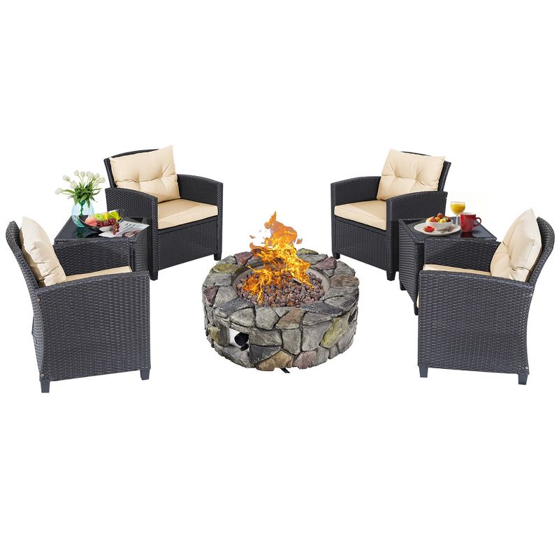 Costway 7PCS Patio Wicker Furniture Set Gas Fire Pit Sofa Side Table Cushioned, 2 of 11
