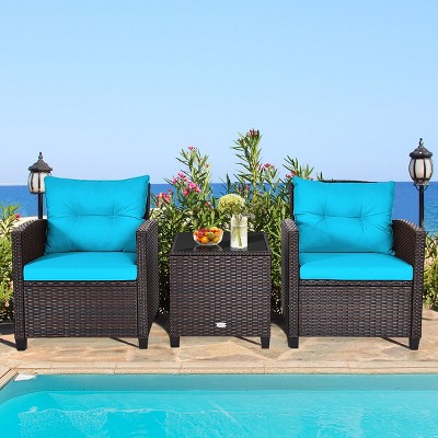 Turquoise Cushioned 3-Piece Brown Rattan Conversation Set