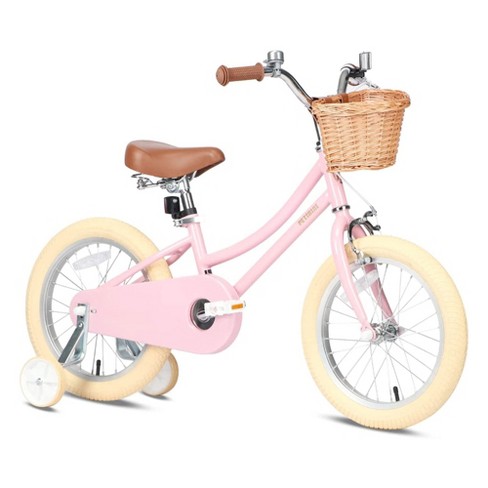 Petimini 16 Inch Steel Frame Child Bicycle with Wicket Basket Handlebar Bell Training Wheels Adjustable Seat and Parent Handle Ages 4 to 8 Pink