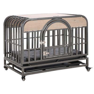FURNIinspire Pet Crates And Houses Heavy Duty Dog Crate Pet Cage With Removable Trays And Wheels, Furniture Style Pet Crate, Gray, 30"*46"*39"