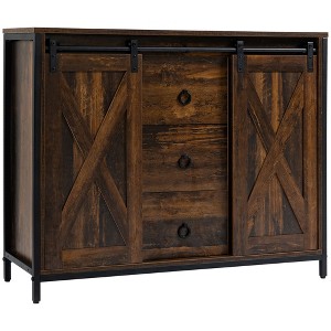 HOMCOM Industrial Farmhouse Buffet Cabinet, Kitchen Sideboard with Sliding Barn Doors, 3 Drawers and Adjustable Shelves for Living Room, Rustic Brown - 1 of 4