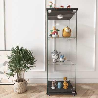 Glass Display Cabinet with Glass Doors & LED Lights, Glass Showcase with Shelves, Decorative Storage for Living Room – Cuddlewood