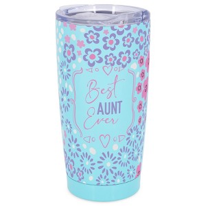 Elanze Designs 20 oz Stainless Steel On the Go Insulated Travel Tumbler With Push Top Lid, Best Aunt Ever Pink & Purple Floral Pattern Sky Blue - 1 of 4